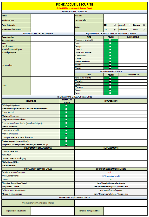Fiche Accueil Sécurité en Entreprise