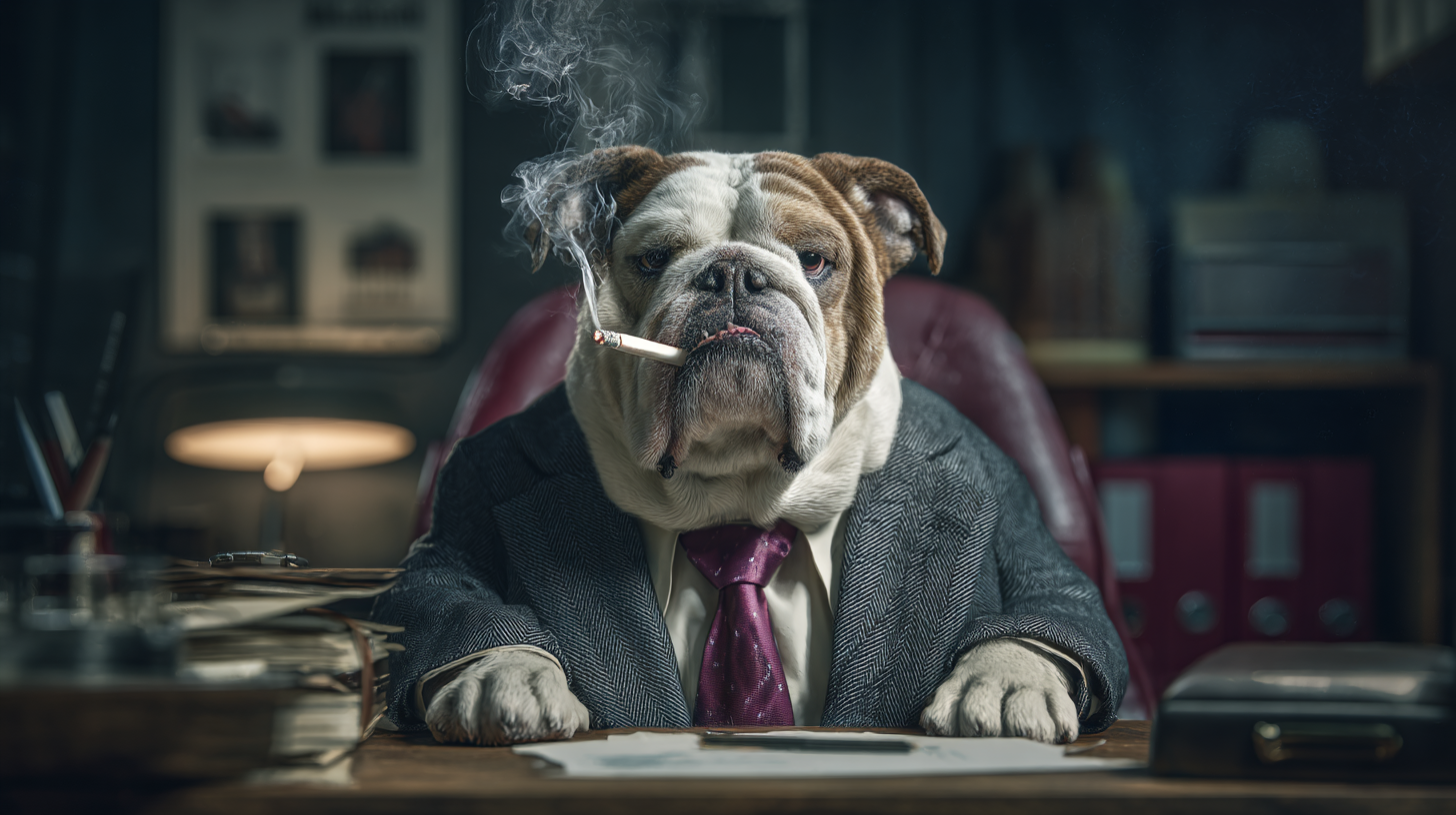 Bulldog en costume, fumant une cigarette.