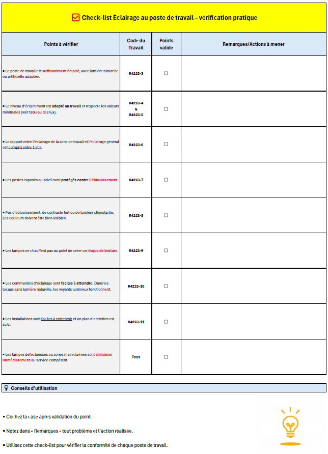 Check-list éclairage au poste de travail