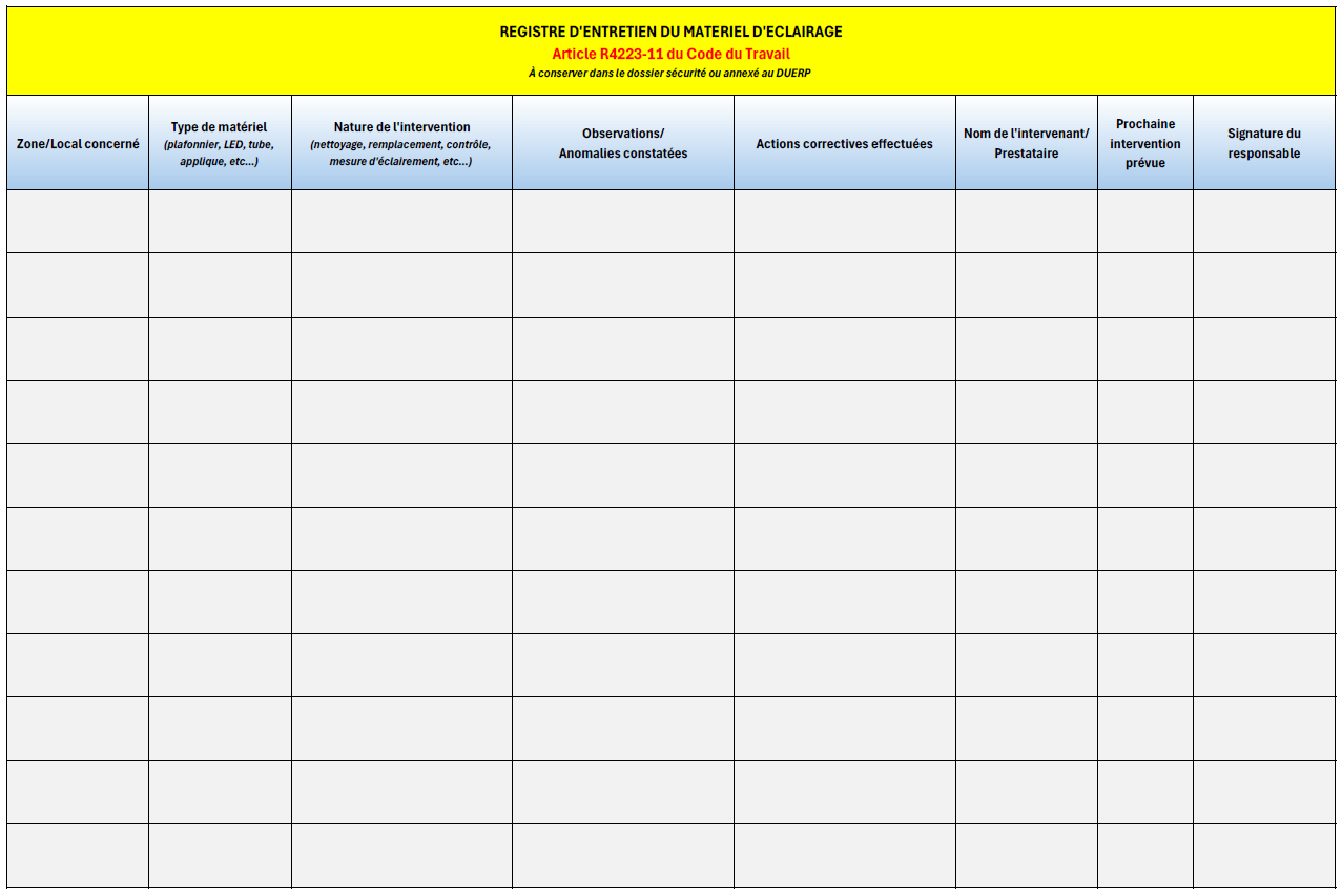 REGISTRE D'ENTRETIEN MATERIEL D'ECLAIRAGE