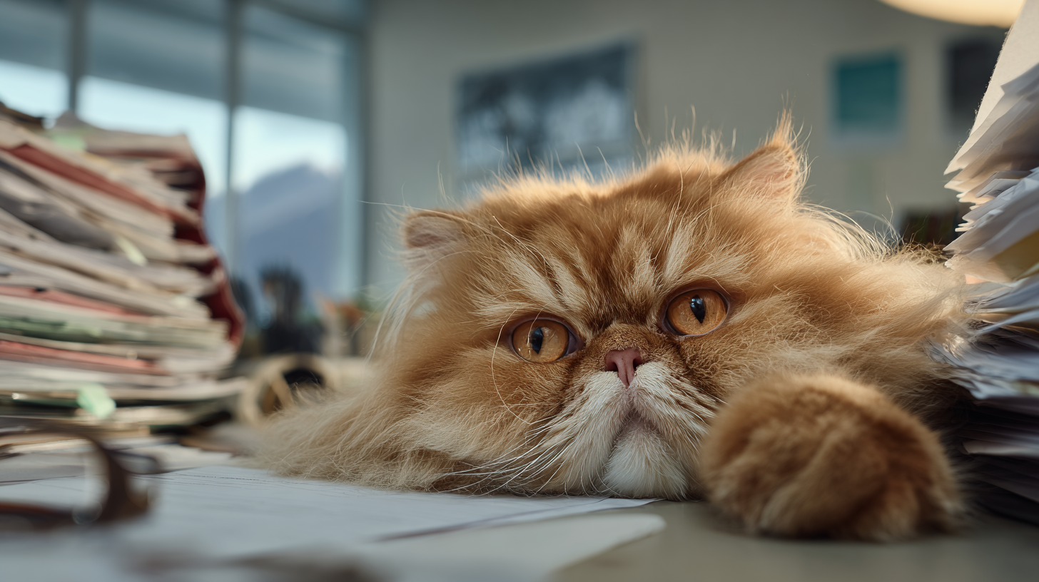 Chat fatigué parmi des papiers