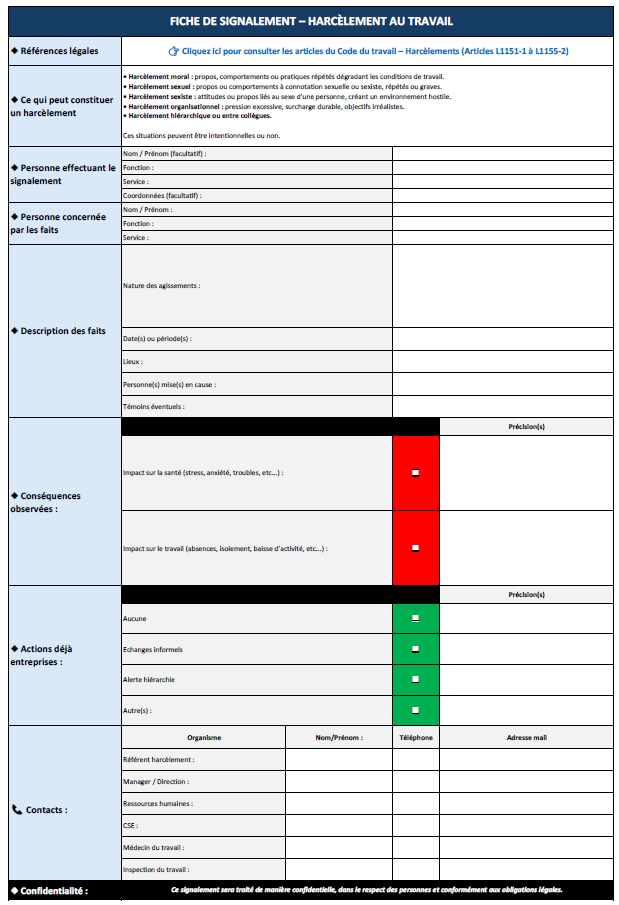 Image de fiche signalement harcèlement au travail - Risques Psychosociaux