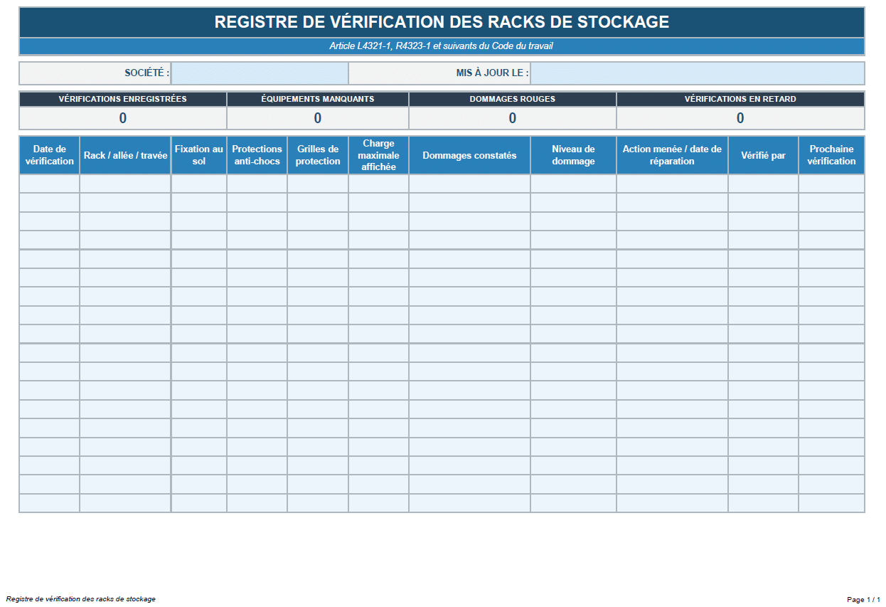REGISTRE DE VERIFICATION DES RACKS DE STOCKAGE